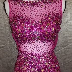 Fushia Rhinestone Backless Bodycon Prom Dress